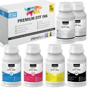DTF Ink 6-Pack Set – 2× White + CMYK – 250 ML (8.45 fl oz Each, Total 1500 ML) – High Opacity, Clog-Free Formula, Smooth Ink Flow – Works with All DTF Printheads and Printers
