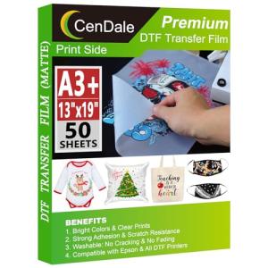 CenDale Premium DTF Transfer Film 13"x19" - A3 Plus 50 Sheets Double-Sided Matte Clear PreTreat Sheets PET Heat Transfer Paper for DIY Direct Print on All Fabric and Colors T-Shirts Textile