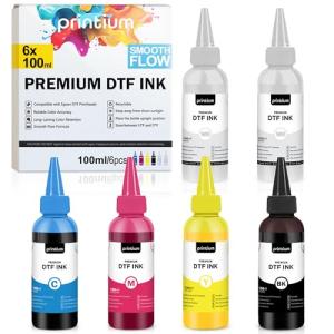DTF Ink 6-Pack Set – 2× White + CMYK – 100 ML (3.38 fl oz Each, Total 600 ML) – High Opacity, Clog-Free Formula, Smooth Ink Flow – Works with All DTF Printheads and Printers