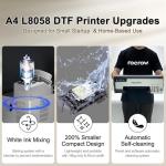 RocRow A4 L8058 DTF Printer Bundle, XP600 DTF Printer Machine with Curing Oven for DIY T Shirt Printing, Custom Printing & Auto Cleaning for DIY, L8,White Ink Mixing, Auto Curing