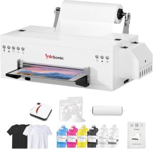 INKSONIC E13A DTF Printer, L1800 DTF Printer Bundle with Oven, A3 DTF Transfer Machine for Custom T-Shirt Printing, White Ink Circulation, Film Cutter, One-Click Ink Setup