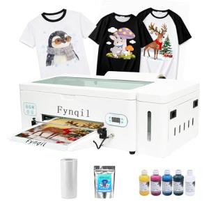Fynqil A3 DTF Transfer Printing Machine, A3 L1800 DTF Printer Faster and Clearer for T-Shirts Apparel with White Ink Systems & Auto Cleaning Includes Software, Ink, Film, Hot melt Powder