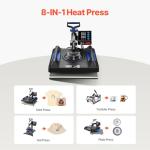 VEVOR 8 in 1 Heat Press Machine 15x15 Inch, 360° Swing Away Shirt Press Machine - Digital Professional Heat Transfer Tshirt Press Machine, Sublimation Heat Press for T Shirts Hat Cap Mug Plate Blue