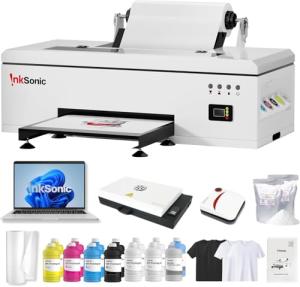 InkSonic R1390 DTF Printer A3, 13" Width DTF Transfer Printer Bundle with Heat Press Machine, Direct to Film, White Ink Circulation System, Multi-Material Compatible,Custom T-Shirt Printing Machine