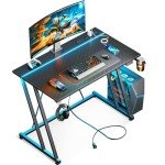 Compact Gaming Desk with LED Lights & Power Outlet