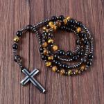 Tiger's Eye Rosary Necklace with Hematite Cross