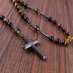 Tiger's Eye Rosary Necklace with Hematite Cross