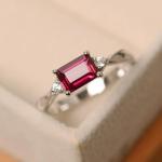 Dainty East-West Emerald Cut Ruby Promise Ring
