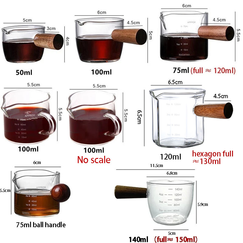 Wood Handle Glass Espresso Measuring Cup - 50/140ml