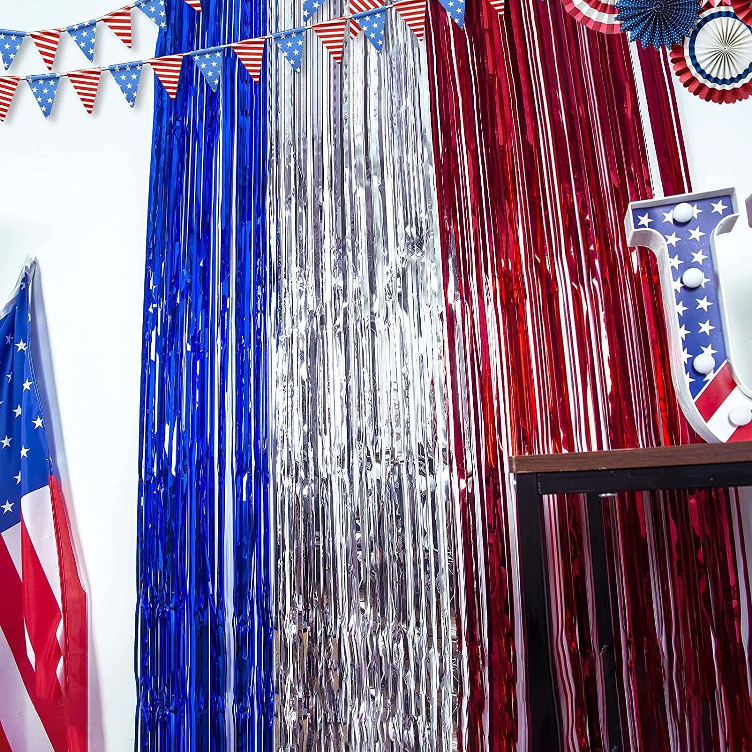 Patriotic Foil Fringe Curtains with Props