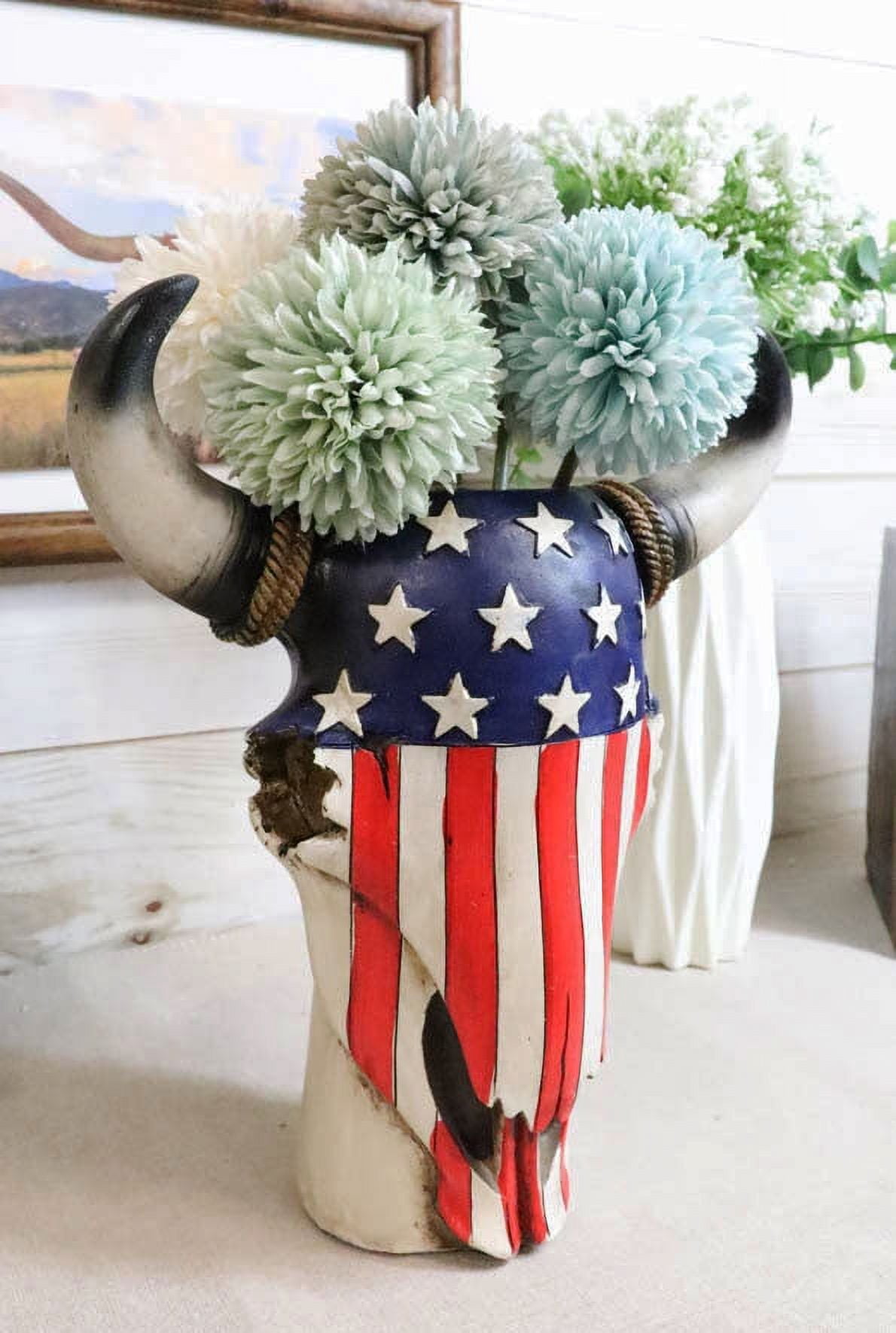 Patriotic Cow Skull Vase Planter with American Flag