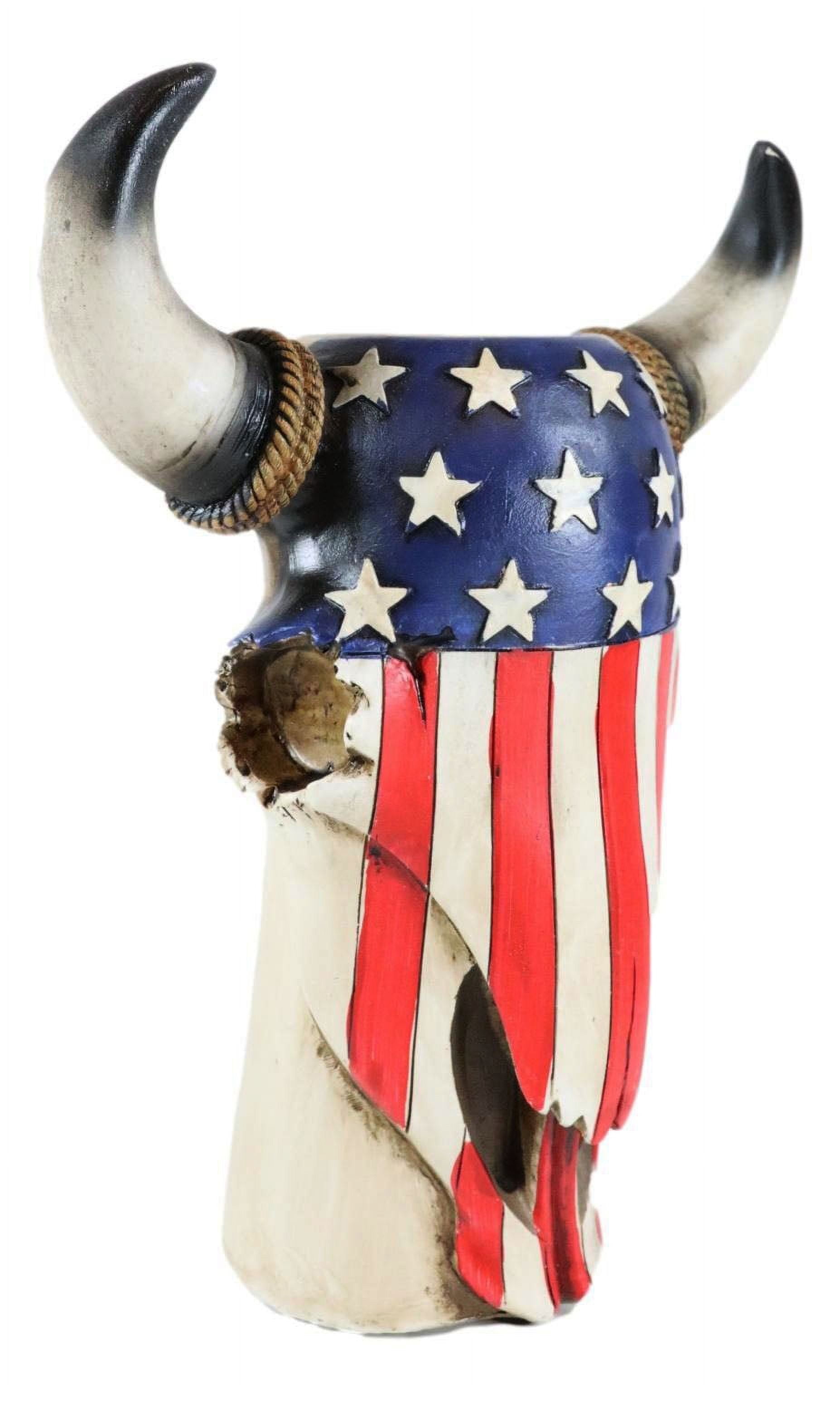 Patriotic Cow Skull Vase Planter with American Flag