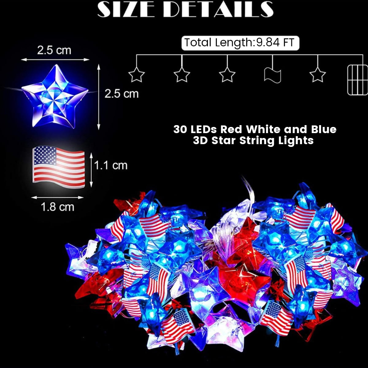 9.8ft American Flag Star String Lights