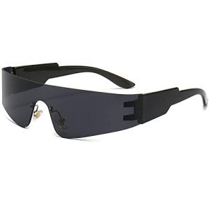 Futuristic Rimless Wrap Around Sunglasses (Black/Grey)
