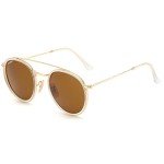 Retro Round Sunglasses with Double Bridge - Gold Frame