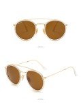 Retro Round Sunglasses with Double Bridge - Gold Frame