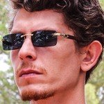 Sleek Black Rimless Metal & Wood Aviator Sunglasses