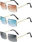 3 Pairs Rimless Rectangle Sunglasses for Everyone