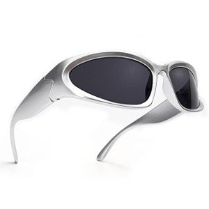 Trendy Wrap Around Silver Oval Sunglasses