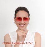 FEISEDY Vintage Rimless Rectangle Sunglasses - Red