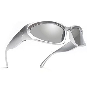 Trendy Silver Mirrored Wrap Around Sunglasses
