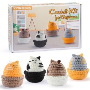4 Colors Cats Crochet Kit for Kids/Adult, DIY This All in One Crochet Set for Beginners/Experts, Includes Enough Yarn, Hook, Step-by-Step Video Tutorials for Starters, Accessories