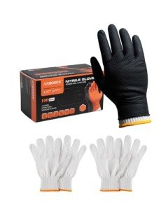 ANBOSON BBQ Gloves for Cooking Baking Grilling, 100 Count Disposable Nitrile Gloves and 4 Count Cotton Glove Liners Washable (10mil Nitrile, Large)