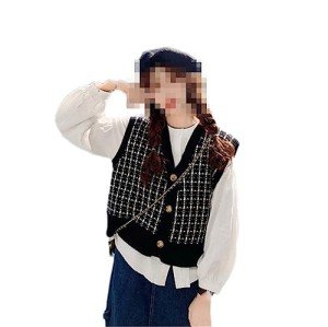 Ruereuu Women's Sweater Vest Vintage Plaid Casual Sleeveless Knit Preppy Button Top black One Size