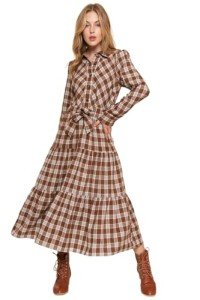 Plaid Tiered Midi Shirt Dress in Brown