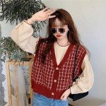 Ruereuu Women's Sweater Vest Vintage Plaid Casual Sleeveless Knit Preppy Button Top black One Size