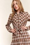 Plaid Tiered Midi Shirt Dress in Brown 