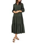 YEXPINE Women Summer Maxi Dresses V Neck Long Sleeve Button Down Dresses Solid Color Tired Long Dresses