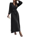 Zhyaj Womens V Neck Pleated Maxi Dress Casual Long Sleeve Loose Tie Waist Flowy Swing Dresses Solid Color
