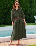 YEXPINE Women Summer Maxi Dresses V Neck Long Sleeve Button Down Dresses Solid Color Tired Long Dresses