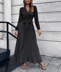 Zhyaj Womens V Neck Pleated Maxi Dress Casual Long Sleeve Loose Tie Waist Flowy Swing Dresses Solid Color