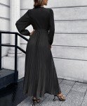 Zhyaj Womens V Neck Pleated Maxi Dress Casual Long Sleeve Loose Tie Waist Flowy Swing Dresses Solid Color