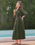YEXPINE Women Summer Maxi Dresses V Neck Long Sleeve Button Down Dresses Solid Color Tired Long Dresses