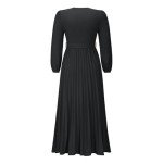 Zhyaj Womens V Neck Pleated Maxi Dress Casual Long Sleeve Loose Tie Waist Flowy Swing Dresses Solid Color
