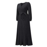Zhyaj Womens V Neck Pleated Maxi Dress Casual Long Sleeve Loose Tie Waist Flowy Swing Dresses Solid Color