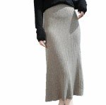 Ladies Winter Wool Knit Skirt Vertical Strip High-Waisted Slim Skirts Gray White