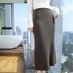 Ladies Winter Wool Knit Skirt Vertical Strip High-Waisted Slim Skirts Gray White