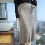 Ladies Winter Wool Knit Skirt Vertical Strip High-Waisted Slim Skirts Gray White