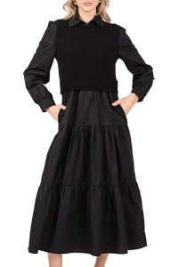 Women's Long Sleeve Midi Dress with Sweater Vest