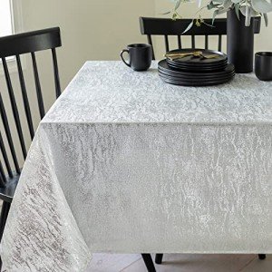 Metallic Foil Washable Tablecloth, Ivory-Silver