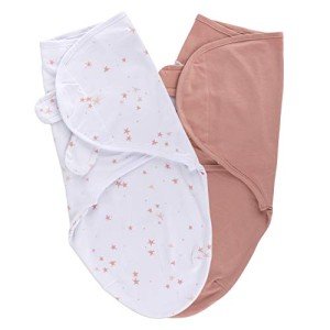 Ely's & Co. Adjustable Swaddle Blanket Infant Baby Wrap 2 Pack (Mauve Pink Stars & Solid Dusty Rose 0-3 Months)