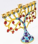 The Dreidel Company Menorah Jeweled and Gold Plated Tree with Red Flowers (Mosaic Jeweled & Gold Plated Tree with Red Flower)