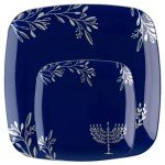 Combo Set 7" inch Salad Plates & 10" inch Square Plastic Plates Heavy Duty Hanukkah Dinner Plates with Blue Silver Chanukah Design Hanukkah Party Disposable China Like Plastic Dessert Plate (24 PACK)