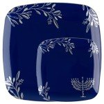 Combo Set 7" inch Salad Plates & 10" inch Square Plastic Plates Heavy Duty Hanukkah Dinner Plates with Blue Silver Chanukah Design Hanukkah Party Disposable China Like Plastic Dessert Plate (24 PACK)