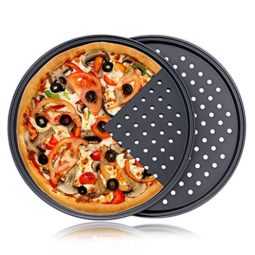 Carbon Steel Perforated Pizza Pan, 12inch Round, Dark Gray