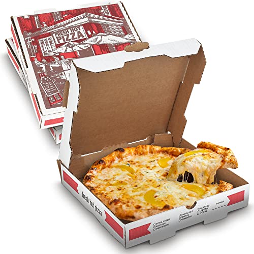 10" Cardboard Pizza Boxes, White-Red Corrugated Design (10 Pack)